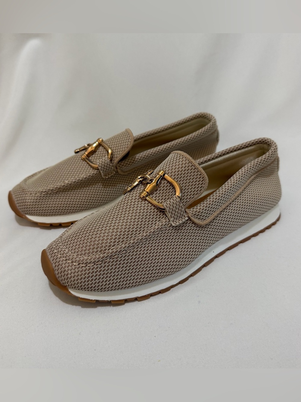Beige Mesh Women's Loafers with Gold Buckle